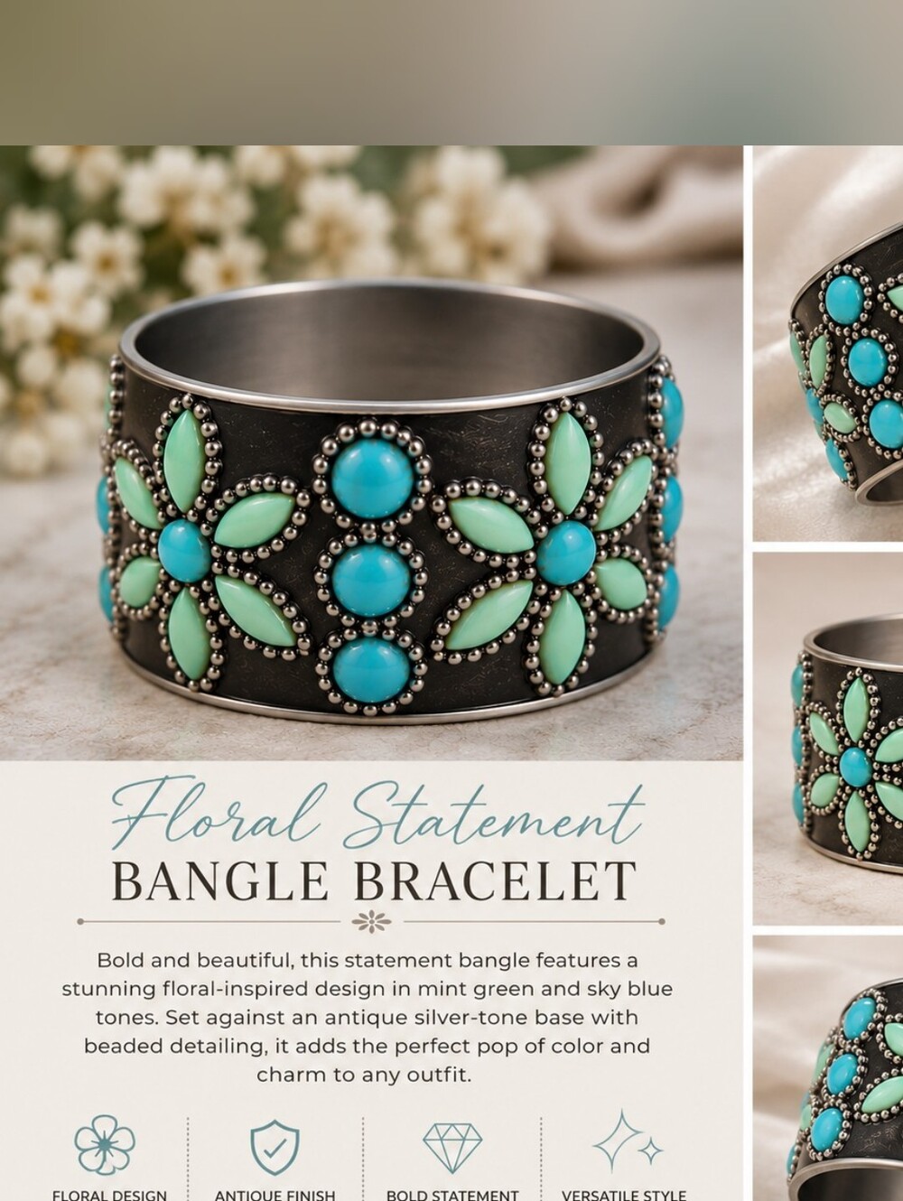 Floral Statement Bangle Bracelet - Mint Green & Sky Blue